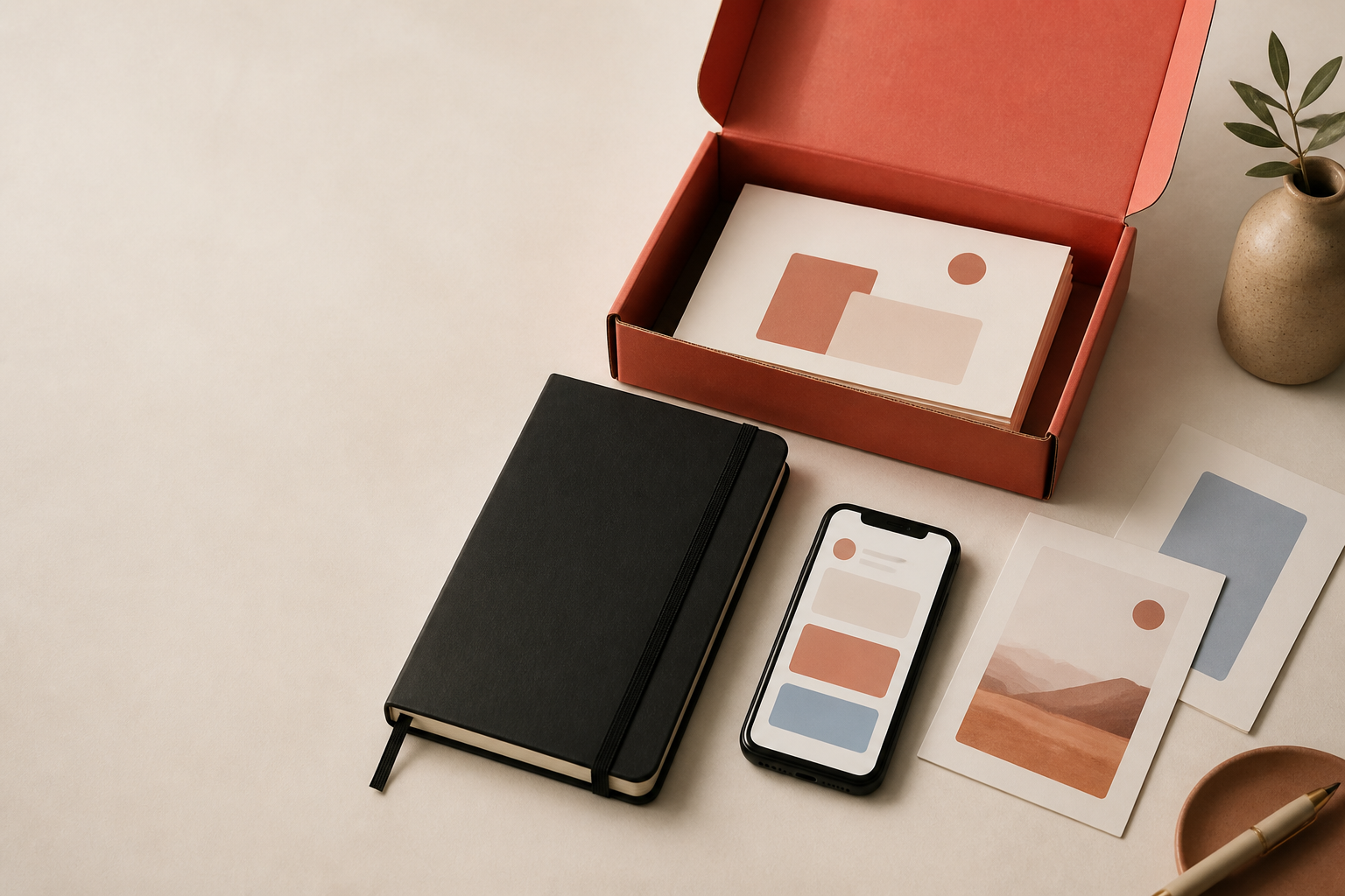 A coral mailer, notebook, phone, and editorial cards arranged on a warm studio table